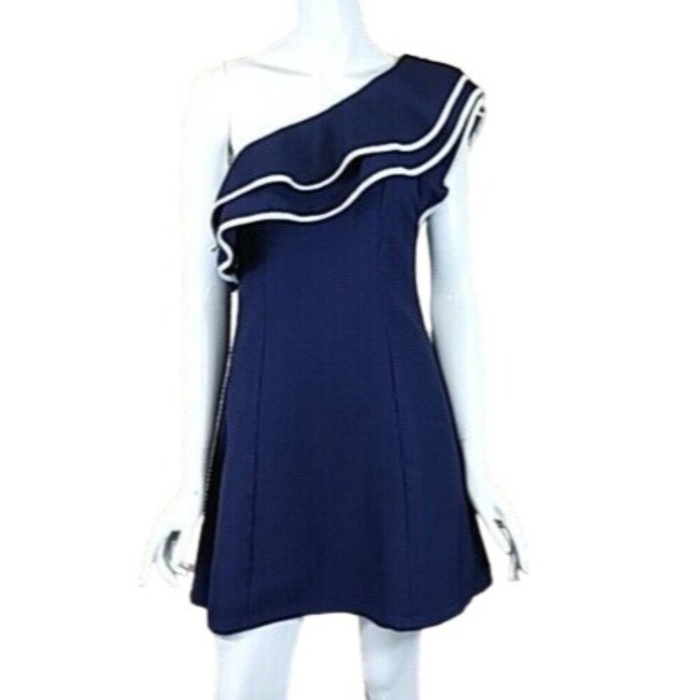 NWT She + Sky Short Dress One Shoulder Big Double Ruffle Blue & White Small
